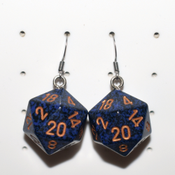 Chessex Brand D20 Golden Cobalt Speckled Stainless Steel Earrings